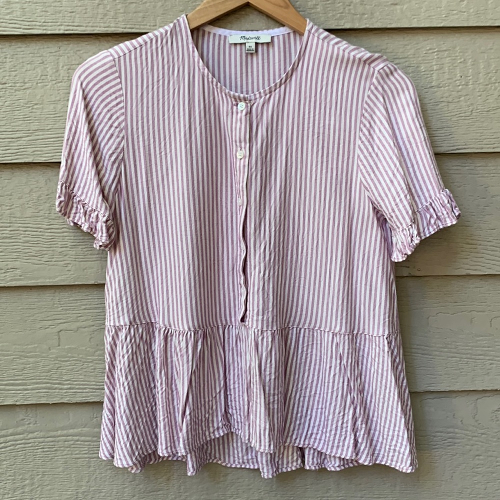 Madewell Studio Ruffle Hem Top Lavender Stripe Button Up Peplum Top - Picture 5 of 9